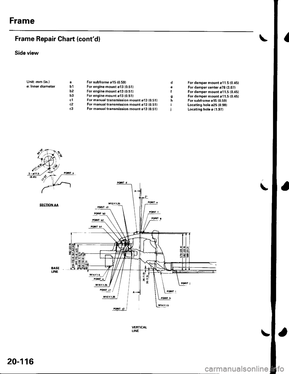 HONDA CIVIC 2002 7.G Workshop Manual Frame
IFrame Repair Chart (contdl
Side view
Unitrmm {in.)o: Inner diameteJab1b2b3clc2c3
For subframe 015 {0.59}For engine mount o13 (0.511
For engine mount 01310.51)For engine mount 113 (0.511For man HONDA CIVIC 2002 7.G Workshop Manual Frame
IFrame Repair Chart (contdl
Side view
Unitrmm {in.)o: Inner diameteJab1b2b3clc2c3
For subframe 015 {0.59}For engine mount o13 (0.511
For engine mount 01310.51)For engine mount 113 (0.511For man