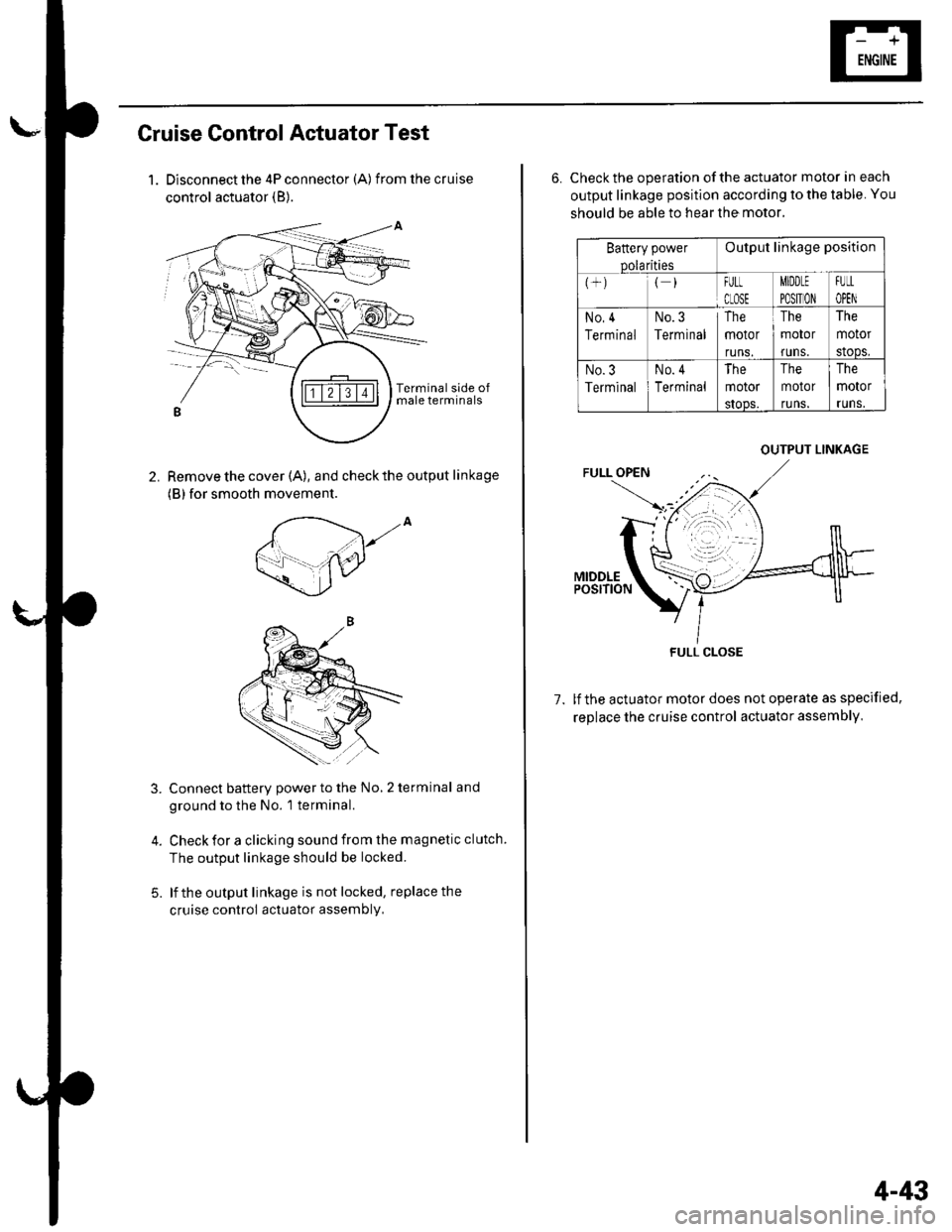HONDA CIVIC 2003 7.G Owners Manual Cruise Control Actuator Test
1. Disconnect the 4P connector (A) from the cruise
control actuator (B).
Remove the cover (A), and check the output linkage
(B) for smooth movement.
2.
,to
5.
Connect batt HONDA CIVIC 2003 7.G Owners Manual Cruise Control Actuator Test
1. Disconnect the 4P connector (A) from the cruise
control actuator (B).
Remove the cover (A), and check the output linkage
(B) for smooth movement.
2.
,to
5.
Connect batt