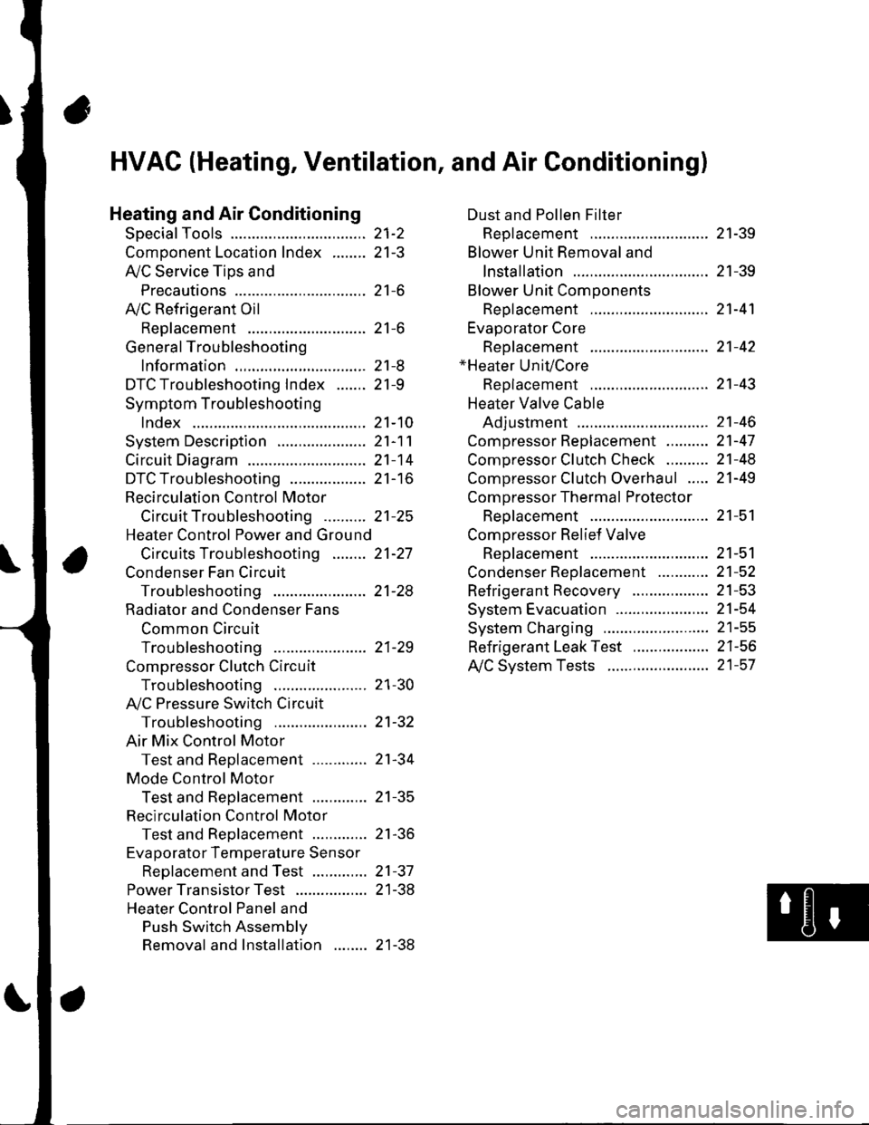 HONDA CIVIC 2003 7.G Workshop Manual 21-2
z t-5
z t-o
z t-o
21-8
21-9
21-10
21-11
21-14
z t- to
HVAC (Heating, Ventilation, and Air Gonditioningl
Heating and Air Conditioning
SpecialTools
Comoonent Location lndex ........
A/C Service Ti