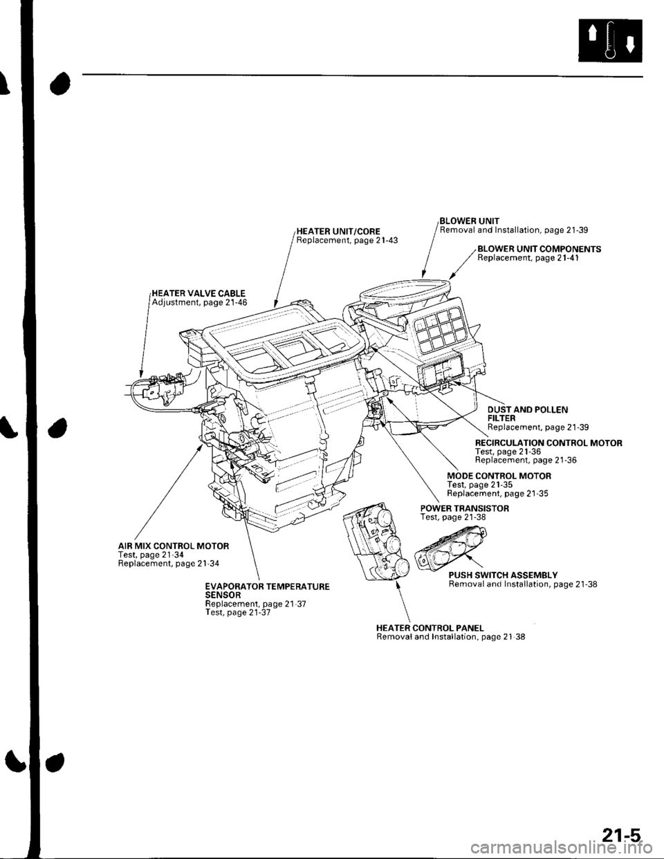 HONDA CIVIC 2003 7.G Workshop Manual HEATER UNIT/COREBeplacement, page 21-43
BLOWEN UNITRemoval and Installation, page 21-39
HEATER VALVE CABLEAdjustment, page 21-46
BLOWER UNIT COMPONENTSReplacement, page 21-41
DUSTAND POLLENFILTERRepla HONDA CIVIC 2003 7.G Workshop Manual HEATER UNIT/COREBeplacement, page 21-43
BLOWEN UNITRemoval and Installation, page 21-39
HEATER VALVE CABLEAdjustment, page 21-46
BLOWER UNIT COMPONENTSReplacement, page 21-41
DUSTAND POLLENFILTERRepla