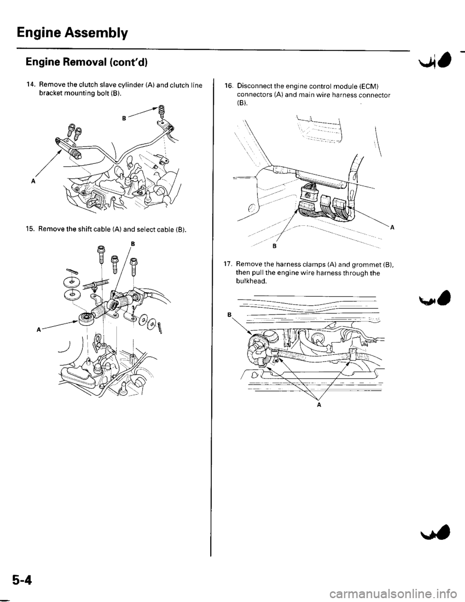 HONDA CIVIC 2003 7.G Workshop Manual Engine Assembly
Engine Removal (contdl
14. Remove the clutch slave cylinder {A) andclutchline
bracket mounting bolt (B).
15. Remove the shift cable (A) and select cable (B).
5-4
..4,
16. Disconnect t