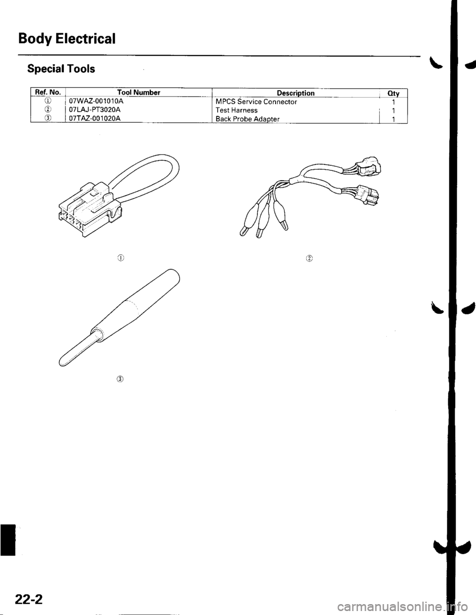 HONDA CIVIC 2002 7.G Workshop Manual Body Electrical
SpecialTools
@
Ref. No.Tool NumberDescription Otv
Q)
o)
o
07wAz-001010A
O7 LAJ - PT3 O 2OA
07TAz-001020A
MPCS Service Connector 1
Test Harness 1
Back Probe Adaotet 1
22-2 HONDA CIVIC 2002 7.G Workshop Manual Body Electrical
SpecialTools
@
Ref. No.Tool NumberDescription Otv
Q)
o)
o
07wAz-001010A
O7 LAJ - PT3 O 2OA
07TAz-001020A
MPCS Service Connector 1
Test Harness 1
Back Probe Adaotet 1
22-2