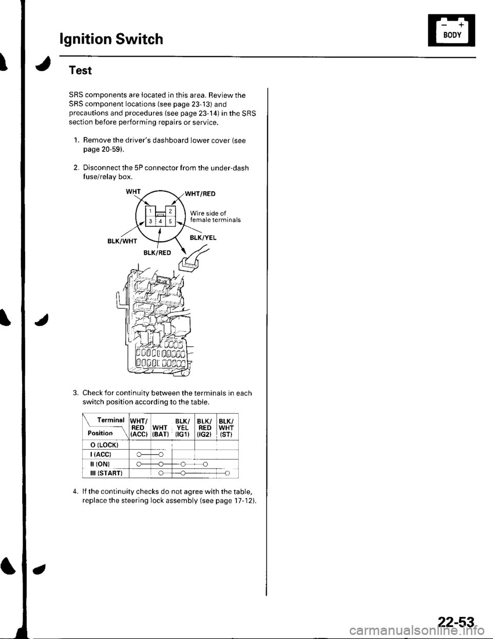 HONDA CIVIC 2003 7.G Workshop Manual lgnition Switch
Test
SRS components are located in this area. Review the
SRS component locations (see page 23-13) andprecautions and procedures {see page 23-l4) in the SRS
section before performing r HONDA CIVIC 2003 7.G Workshop Manual lgnition Switch
Test
SRS components are located in this area. Review the
SRS component locations (see page 23-13) andprecautions and procedures {see page 23-l4) in the SRS
section before performing r