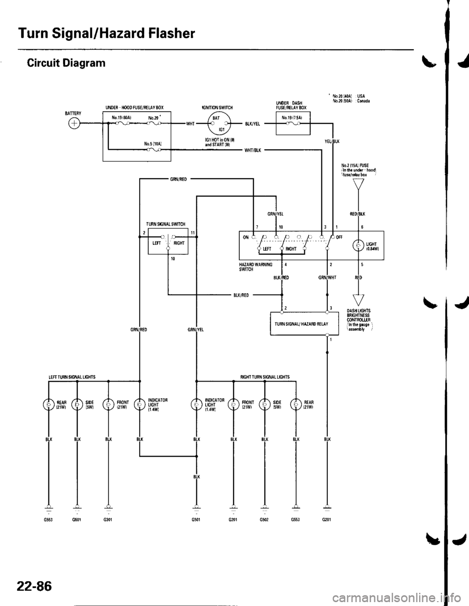 HONDA CIVIC 2002 7.G Owners Guide Turn Signal/Hazard Flasher
UNDff HOOD FUSUftIIY 8OX
Circuit Diagram\
No20lr0A USAUt oEB DASH No.2{ l50A) :CmadaTUSVRILAY 8OX
J
INDICATONIIGHT11.1W)
fiIGHT T
FBONT
22-86
! HONDA CIVIC 2002 7.G Owners Guide Turn Signal/Hazard Flasher
UNDff HOOD FUSUftIIY 8OX
Circuit Diagram\
No20lr0A USAUt oEB DASH No.2{ l50A) :CmadaTUSVRILAY 8OX
J
INDICATONIIGHT11.1W)
fiIGHT T
FBONT
22-86
!