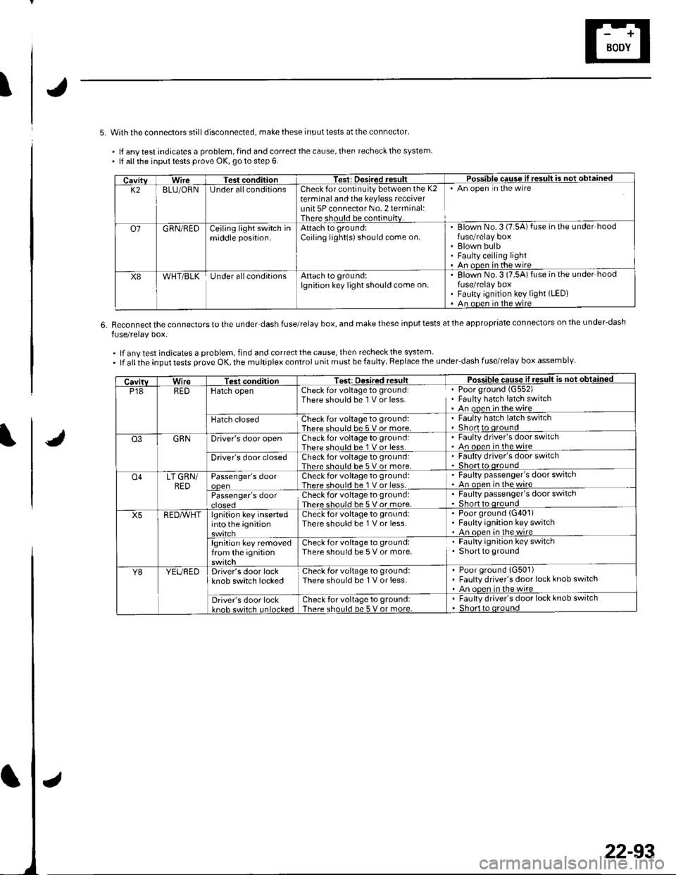 HONDA CIVIC 2003 7.G Workshop Manual I
5. With the connectors stilldisconnected, make these input tests at the connector
. lf anv test indicates a problem, find and correct the cause, then recheck the system. lf all the inpul tests prov HONDA CIVIC 2003 7.G Workshop Manual I
5. With the connectors stilldisconnected, make these input tests at the connector
. lf anv test indicates a problem, find and correct the cause, then recheck the system. lf all the inpul tests prov