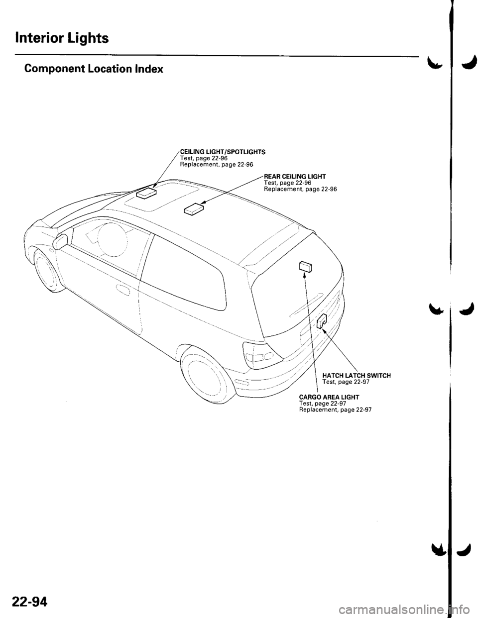 HONDA CIVIC 2003 7.G Workshop Manual Interior Lights
uJComponent Location Index
CEILING LIGHT/SPOTLIGHTSTest, page 22-96Replacement, page 22-96
REAR CEILING LIGHTTest, page 22-96Replacement, page 22-96
vJ
HATCH LATCH SWITCHTest, page 22-