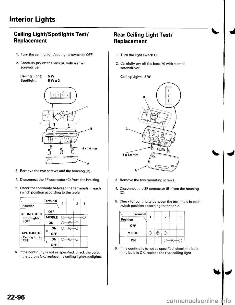 HONDA CIVIC 2002 7.G Workshop Manual Interior Lights
Ceiling Light/Spotlights Test/
Replacement
Turn the ceiling lighvspotlights switches OFF.
Carefully pry off the lens {A) wilh a small
screwdnver,
Ceiling Light: 5W
Spotlight: 5Wx2
1.
2