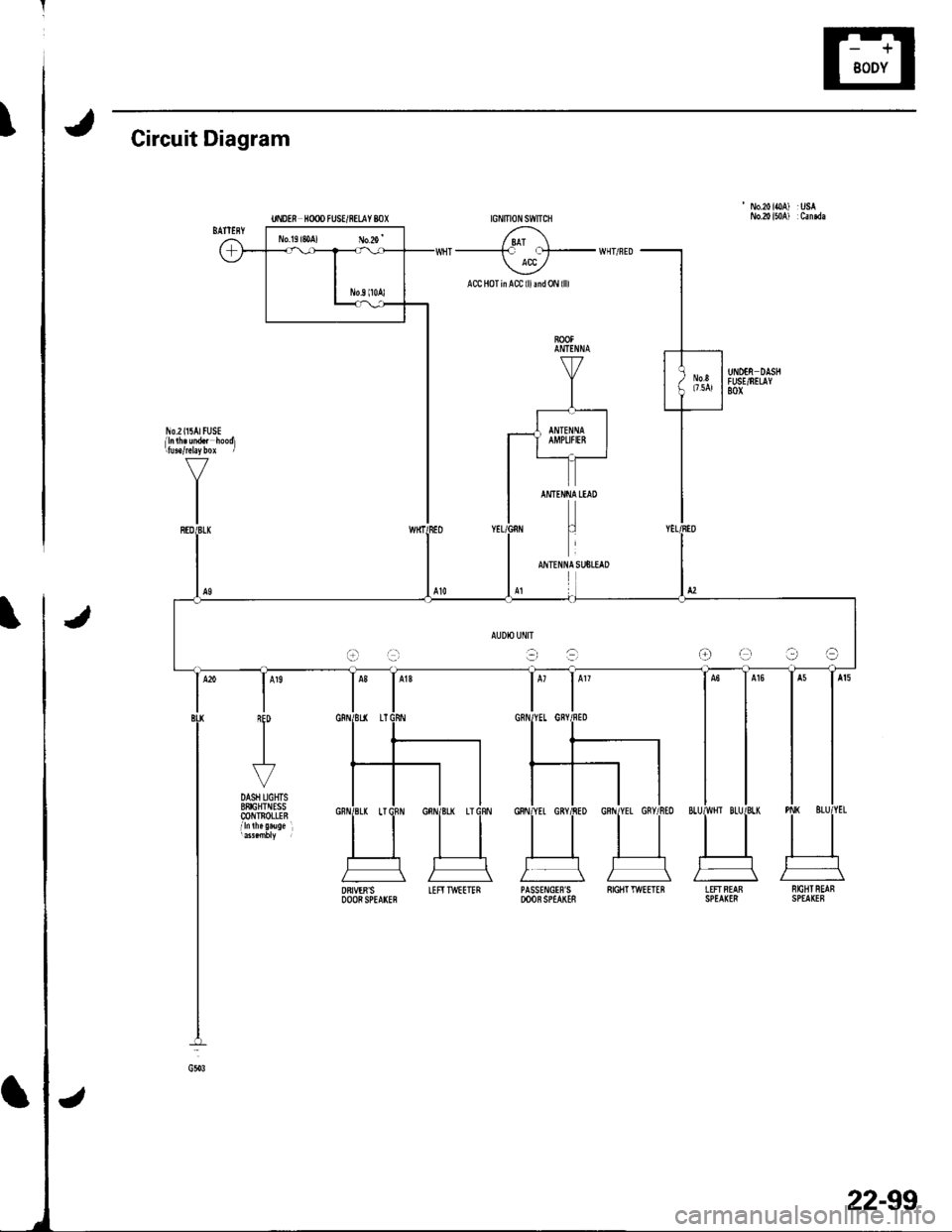 HONDA CIVIC 2002 7.G Service Manual tCircuit Diagram
 No.20ioA) :USA
/ 8AT \--------F f!t- WHT/FED ACC /
ACC HoTinACC lllmd0N llll
AUDIO UflIT
t-ra-r:-raOe?a
DRIVERSDOORSPEArcFIEFITWEETERPASSE!{GIFS SIGIITTWEETEBDOOB SPEAKESLEFTFEAB 