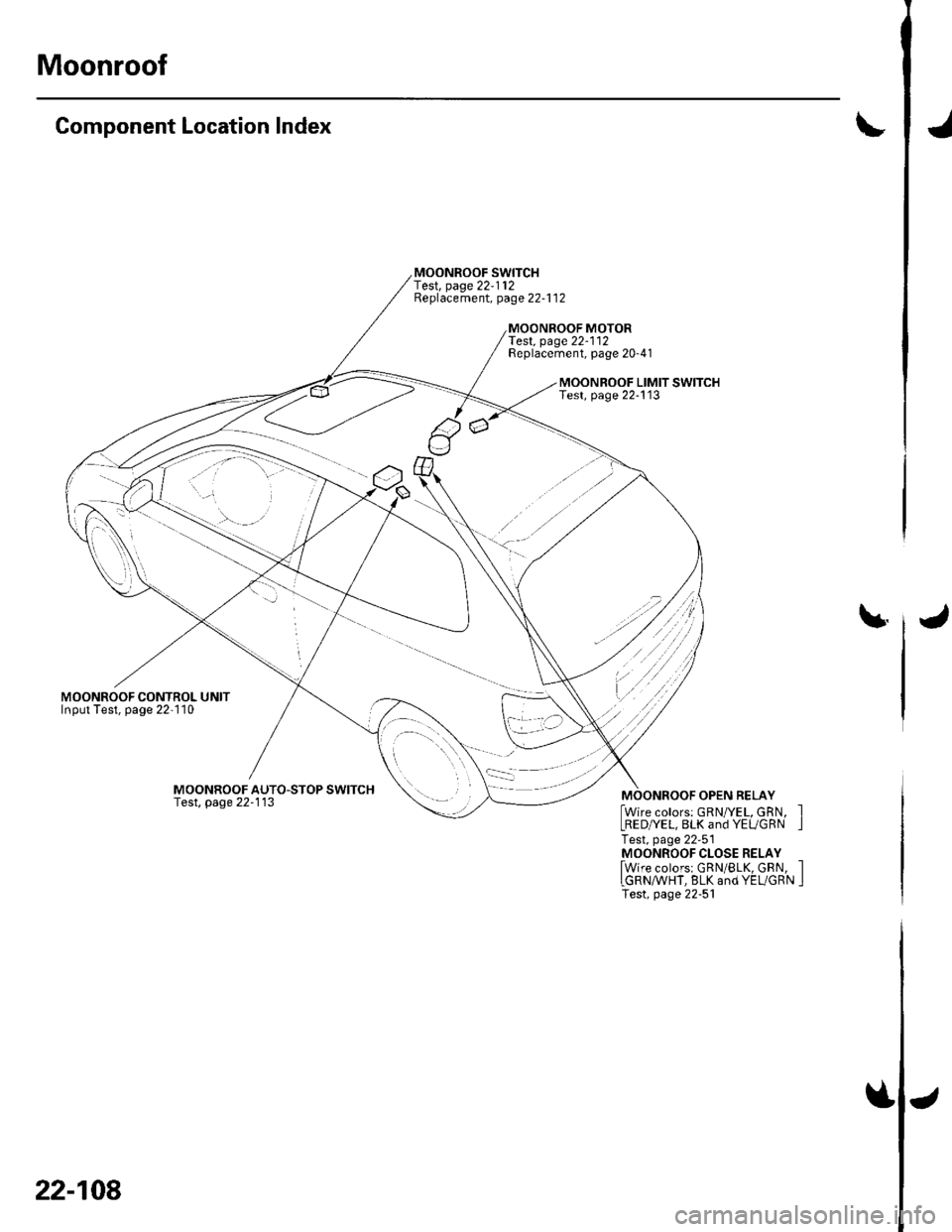 HONDA CIVIC 2003 7.G Workshop Manual Moonroof
Component Location Index
MOONROOF CONTROL UNITInput Test, page 22-l10
MOONROOF SWITCHf e$, page 22-112Replacement, page 22-1 12
Test. page22-112Replacement, page 20-41
MOONROOF LIMIT SWITCHT HONDA CIVIC 2003 7.G Workshop Manual Moonroof
Component Location Index
MOONROOF CONTROL UNITInput Test, page 22-l10
MOONROOF SWITCHf e$, page 22-112Replacement, page 22-1 12
Test. page22-112Replacement, page 20-41
MOONROOF LIMIT SWITCHT