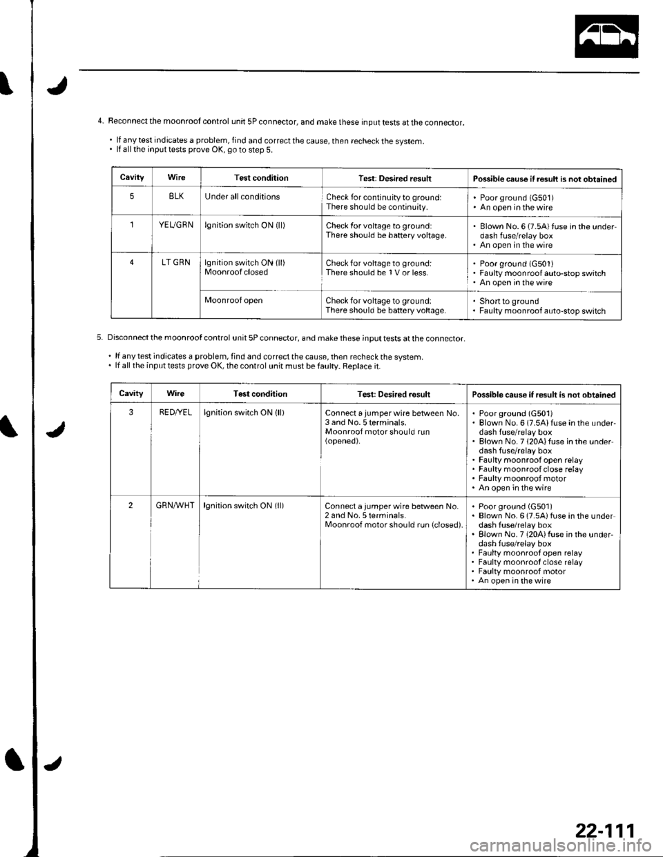 HONDA CIVIC 2003 7.G Workshop Manual 4- Reconnect the moonrool control unit 5Pconnector, and makethese inputtests attheconnector.
.lfanytestindicatesaproblem,findandcorrectthecause,thenrecheckthesystem.. lf all the input tests prove OK, HONDA CIVIC 2003 7.G Workshop Manual 4- Reconnect the moonrool control unit 5Pconnector, and makethese inputtests attheconnector.
.lfanytestindicatesaproblem,findandcorrectthecause,thenrecheckthesystem.. lf all the input tests prove OK,