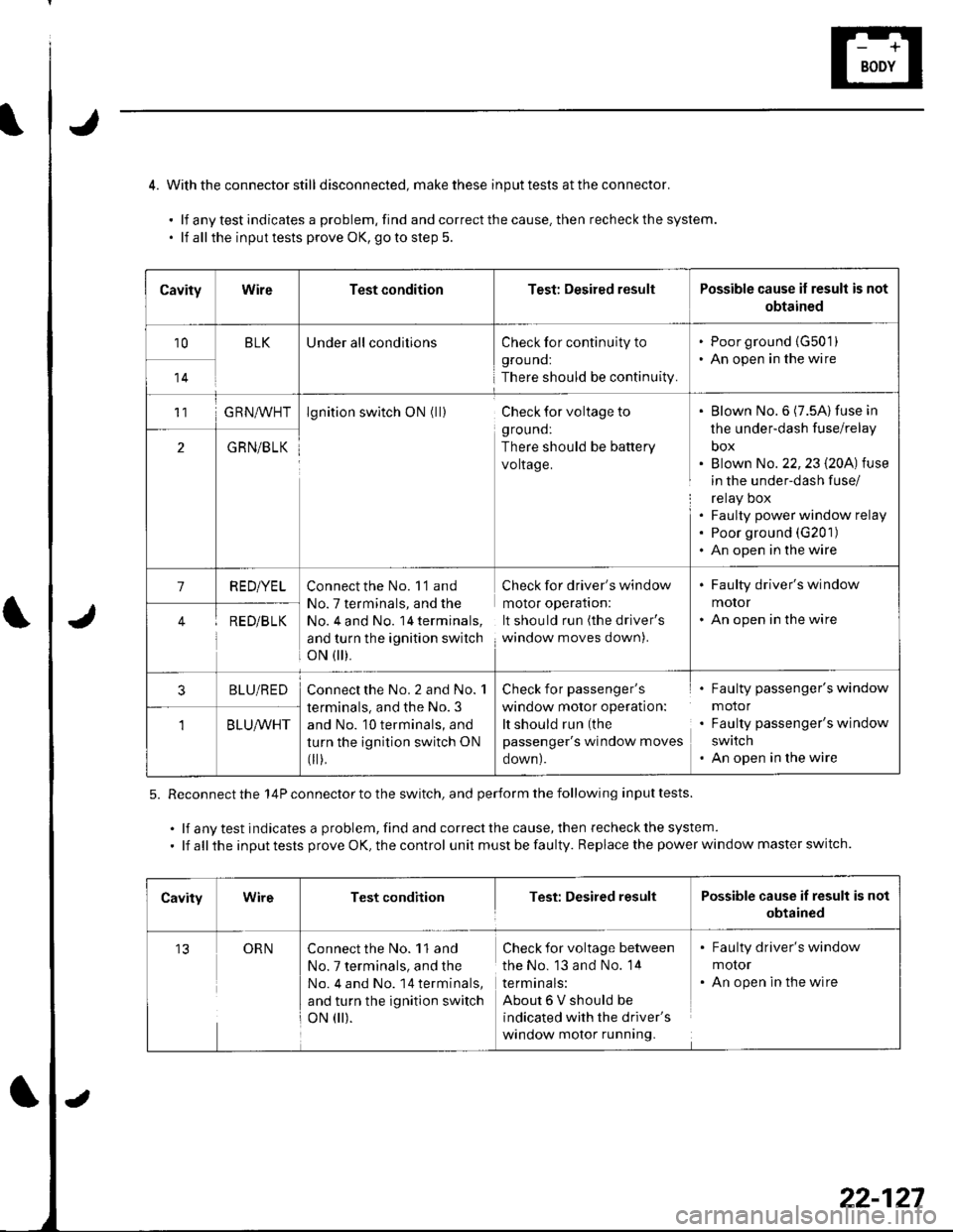HONDA CIVIC 2003 7.G Workshop Manual 4. Withthe connector still disconnected, makethese inputtests attheconnector.
.lfanytestindicatesaproblem,findandcorrectthecause.thenrecheckthesystem.
. lf allthe inputtests prove OK, goto step 5.
5. HONDA CIVIC 2003 7.G Workshop Manual 4. Withthe connector still disconnected, makethese inputtests attheconnector.
.lfanytestindicatesaproblem,findandcorrectthecause.thenrecheckthesystem.
. lf allthe inputtests prove OK, goto step 5.
5.