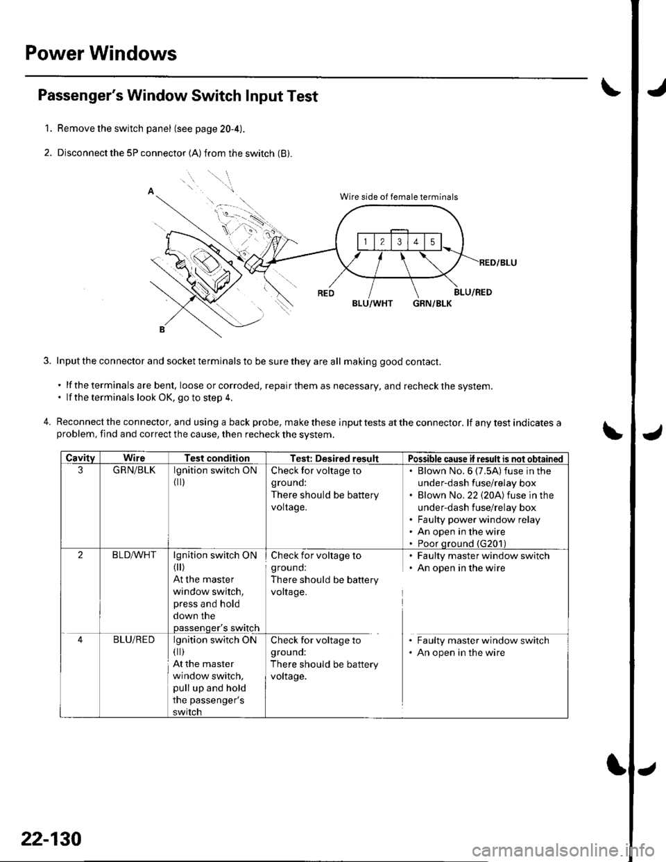 HONDA CIVIC 2003 7.G Workshop Manual Power Windows
1.
2.
Passengers Window Switch Input Test
Remove the switch panel (see page 20-4).
Disconnect the 5P connector (A) from the switch (B).
o
""1.
4.
Wire side of female terminals
BLU/ HONDA CIVIC 2003 7.G Workshop Manual Power Windows
1.
2.
Passengers Window Switch Input Test
Remove the switch panel (see page 20-4).
Disconnect the 5P connector (A) from the switch (B).
o
""1.
4.
Wire side of female terminals
BLU/