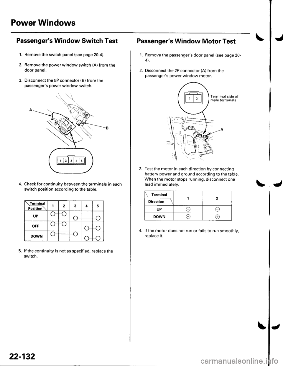 HONDA CIVIC 2002 7.G Workshop Manual Power Windows
1.
Passengers Window Switch Test
Remove the switch panel (see page 20-4).
Remove the power window switch (A) from the
door panel.
Disconnect the 5P connector (B) from the
passengers po
