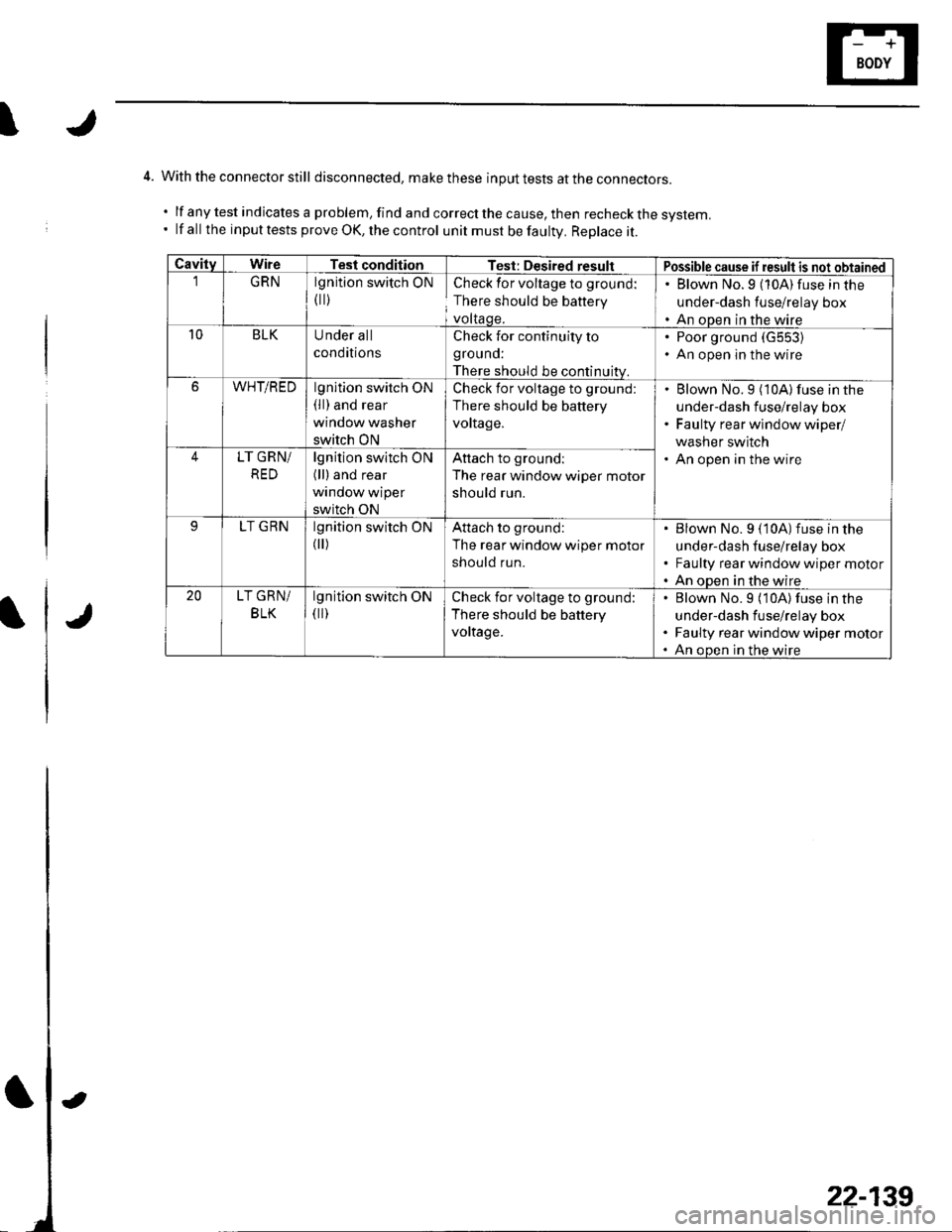 HONDA CIVIC 2003 7.G Workshop Manual \
4. With the connector still disconnected, makethese input tests at the con necrors.
.lfanytestindicatesaproblem,findandcorrectthecause,thenrecheckthesystem.
lf all the input tests prove OK, the co HONDA CIVIC 2003 7.G Workshop Manual \
4. With the connector still disconnected, makethese input tests at the con necrors.
.lfanytestindicatesaproblem,findandcorrectthecause,thenrecheckthesystem.
lf all the input tests prove OK, the co