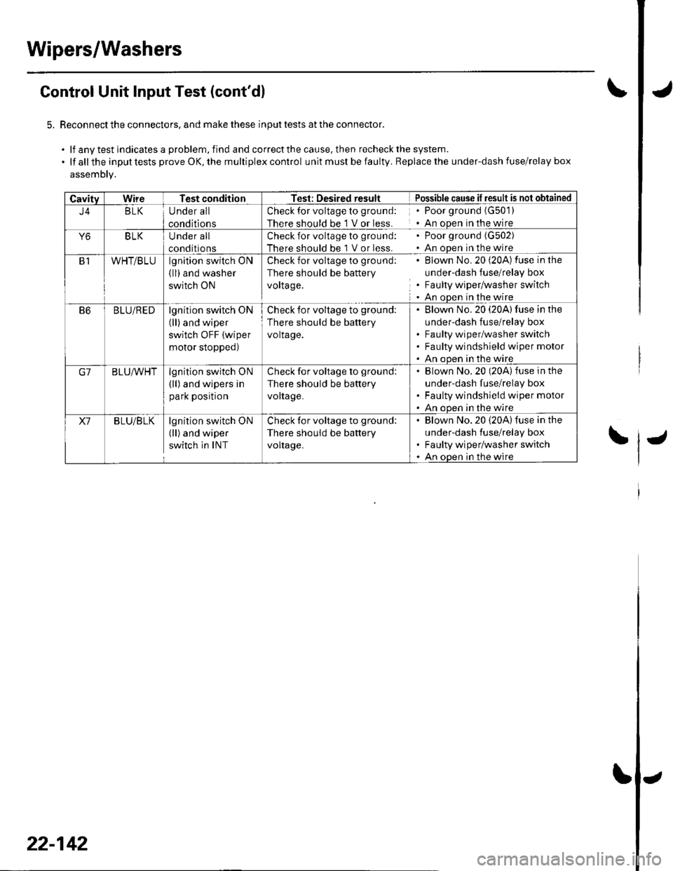 HONDA CIVIC 2003 7.G Workshop Manual Wipers/Washers
Control Unit Input Test (contdl
5. Reconnect the connectors, and make these input tests at the connector.
.lfanytestindicatesaproblem,findandcorrectthecause,thenrecheckthesystem.
.lfal