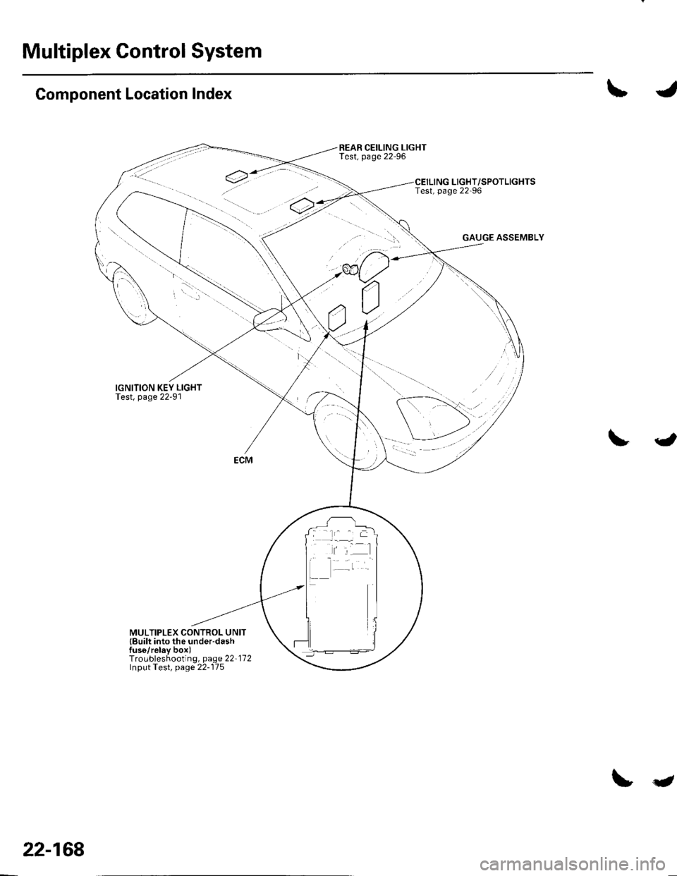 HONDA CIVIC 2003 7.G User Guide Multiplex Control System
Component Location Index
IGNITION KEY LIGHTTest, page 2291
lr, J
REAR CEILING LIGHTTest, page 2296
LIGHT/SPOTLIGHTSTest, page 22-96
GAUGE ASSEMBLY
ECM
MULTIPLEX CONTROL UNIT HONDA CIVIC 2003 7.G User Guide Multiplex Control System
Component Location Index
IGNITION KEY LIGHTTest, page 2291
lr, J
REAR CEILING LIGHTTest, page 2296
LIGHT/SPOTLIGHTSTest, page 22-96
GAUGE ASSEMBLY
ECM
MULTIPLEX CONTROL UNIT
