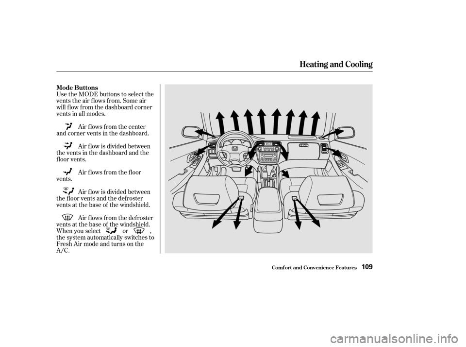 HONDA ACCORD COUPE 2002 CL7 / 7.G Owners Manual Use the MODE buttons to select the
vents the air flows from. Some air
will f low f rom the dashboard corner
vents in all modes.Air f lows f rom the f loor
vents. Air f low is divided between
the vents
