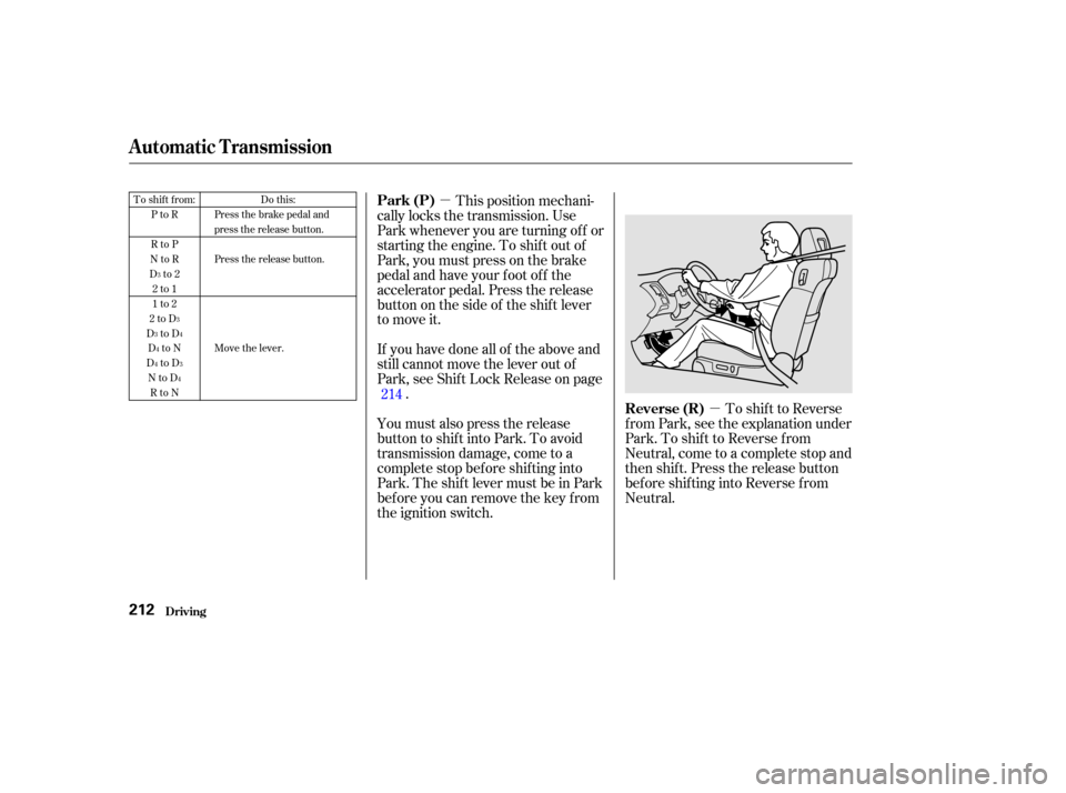 HONDA ACCORD COUPE 2002 CL7 / 7.G Owners Manual µ
µ
To shif t to Reverse
f rom Park, see the explanation under
Park. To shif t to Reverse f rom
Neutral, come to a complete stop and
then shift. Press the release button
bef ore shif ting into Rev