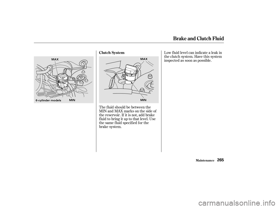 HONDA ACCORD COUPE 2002 CL7 / 7.G Owners Manual The f luid should be between the
MIN and MAX marks on the side of
the reservoir. If it is not, add brake
f luid to bring it up to that level. Use
the same f luid specif ied f or the
brake system.Low f