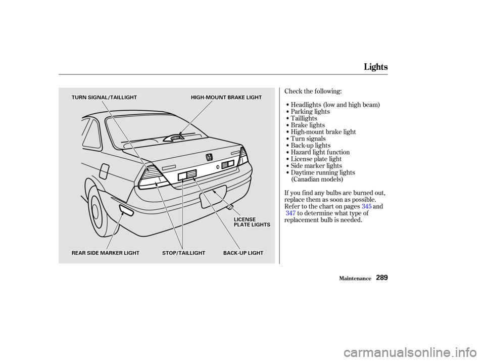 HONDA ACCORD COUPE 2002 CL7 / 7.G Owners Manual Check the f ollowing:Headlights (low and high beam)
Parking lights
Taillights
Brake lights
High-mount brake light
Turn signals
Back-up lights
Hazard light f unction
License plate light
Side marker lig