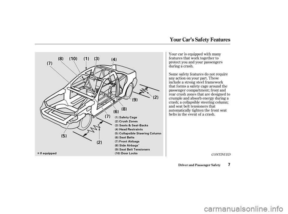 HONDA ACCORD COUPE 2002 CL7 / 7.G Owners Manual Î
Î
Î
Î
Your car is equipped with many
features that work together to
protect you and your passengers
during a crash.
Some saf ety f eatures do not require
anyactiononyourpart.These
include a 