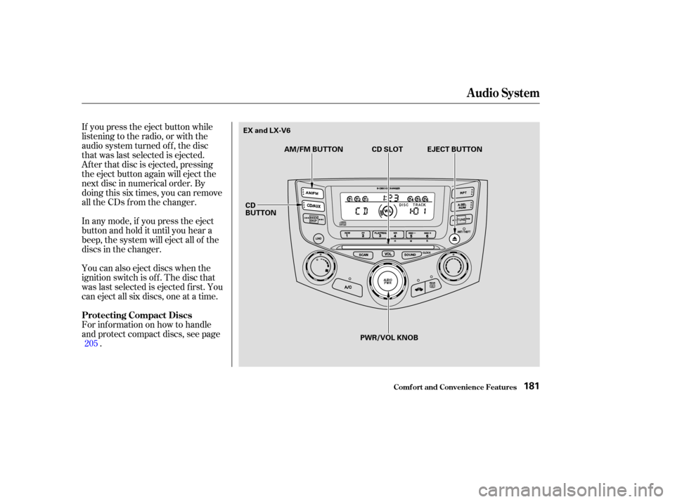 HONDA ACCORD COUPE 2003 CL7 / 7.G Owners Manual If you press the eject button while
listening to the radio, or with the
audio system turned of f , the disc
that was last selected is ejected.
Af ter that disc is ejected, pressing
the eject button ag