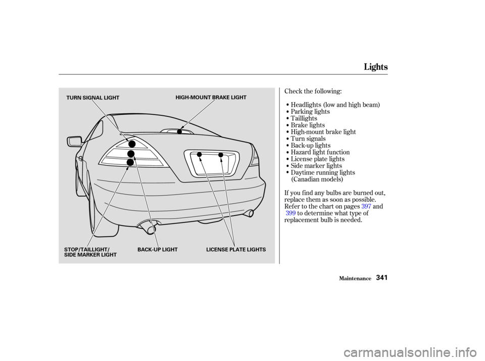 HONDA ACCORD COUPE 2003 CL7 / 7.G Owners Manual Check the f ollowing:Headlights (low and high beam)
Parking lights
Taillights
Brake lights
High-mount brake light
Turn signals
Back-up lights
Hazard light f unction
License plate lights
Side marker li HONDA ACCORD COUPE 2003 CL7 / 7.G Owners Manual Check the f ollowing:Headlights (low and high beam)
Parking lights
Taillights
Brake lights
High-mount brake light
Turn signals
Back-up lights
Hazard light f unction
License plate lights
Side marker li