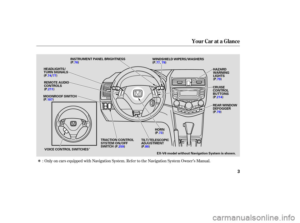 HONDA ACCORD COUPE 2003 CL7 / 7.G Owners Manual Î
Î
Only on cars equipped with Navigation System. Ref er to the Navigation System Owner’s Manual.
:
Your Car at a Glance
3
HORN
HEADLIGHTS/
TURN SIGNALS
(P.74/
77) (P.76)
TILT/TELESCOPIC
ADJUSTM