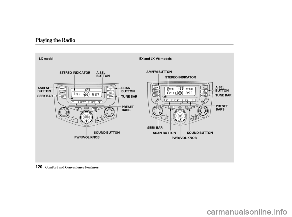 HONDA ACCORD COUPE 2004 CL7 / 7.G Owners Manual Comf ort and Convenience Feat ures
Playing the Radio
120
PWR/VOL KNOB
SEEK BAR
STEREO INDICATOR
A.SEL 
BUTTON
SEEK BAR AM/FM
BUTTON
SCAN
BUTTON
TUNE BAR
PRESET
BARS TUNE BAR
PRESET
BARS
SOUND BUTTON
S