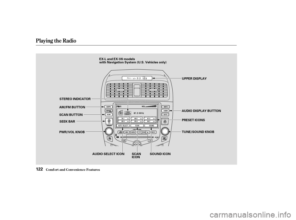 HONDA ACCORD COUPE 2004 CL7 / 7.G Owners Manual Playing the Radio
Comf ort and Convenience Feat ures122
AM/FM BUTTON 
PWR/VOL KNOBSEEK BAR UPPER DISPLAY
AUDIO DISPLAY BUTTON TUNE/SOUND KNOB
SOUND ICON
AUDIO SELECT ICON
SCAN BUTTON
STEREO INDICATOR
