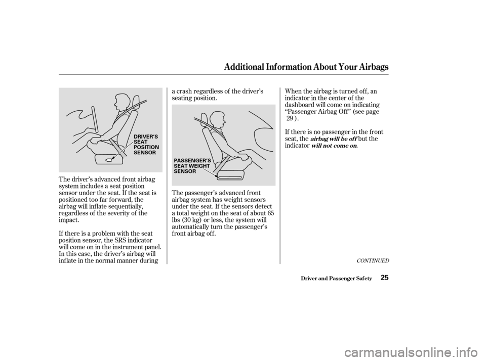 HONDA ACCORD COUPE 2004 CL7 / 7.G Owners Manual When the airbag is turned of f , an 
indicator in the center of the
dashboard will come on indicating
‘‘Passenger Airbag Of f ’’ (see page).
If there is a problem with the seat
position sensor