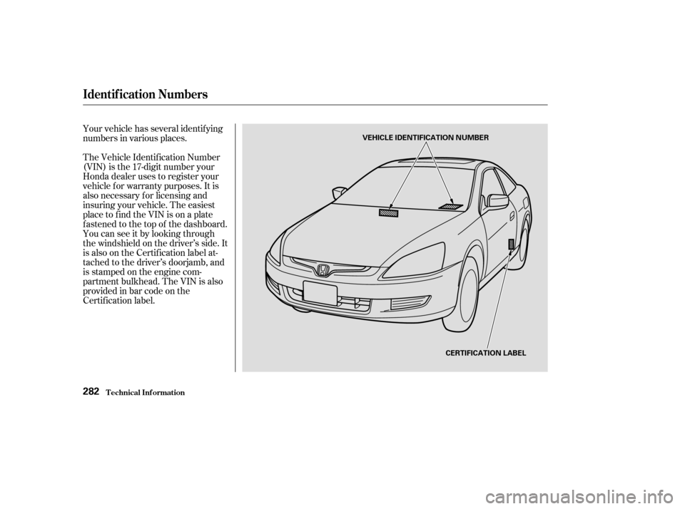 HONDA ACCORD COUPE 2004 CL7 / 7.G User Guide Your vehicle has several identif ying 
numbers in various places. 
The Vehicle Identif ication Number 
(VIN) is the 17-digit number your
Honda dealer uses to register your
vehicle f or warranty purpos