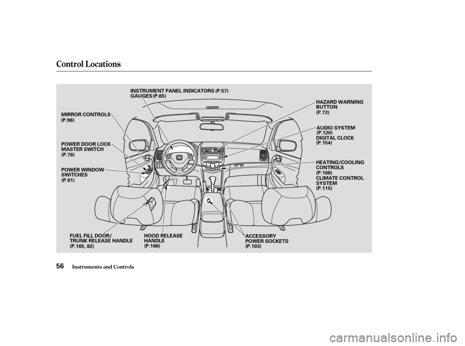 HONDA ACCORD COUPE 2004 CL7 / 7.G Owners Manual Control L ocations
Inst rument s and Cont rols56
MIRROR CONTROLS 
POWER WINDOW 
SWITCHESHOOD RELEASE
HANDLE AUDIO SYSTEM
DIGITAL CLOCK
POWER DOOR LOCK
MASTER SWITCH
CLIMATE CONTROL
SYSTEM
HEATING/COOL