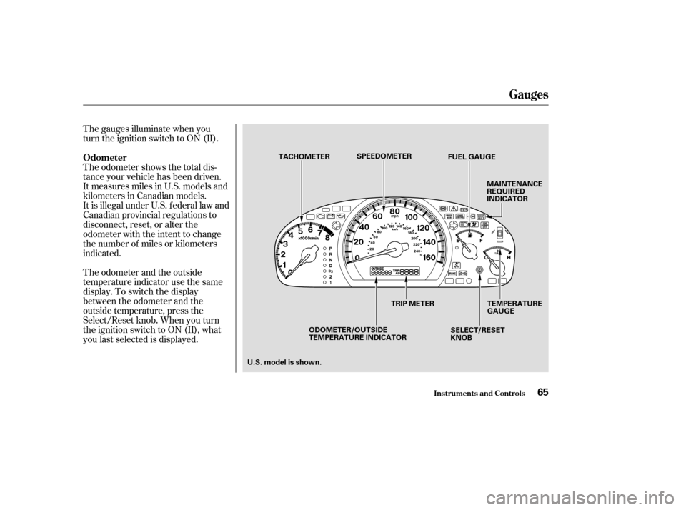 HONDA ACCORD COUPE 2004 CL7 / 7.G Owners Manual The gauges illuminate when you 
turn the ignition switch to ON (II). 
The odometer shows the total dis- 
tance your vehicle has been driven.
It measures miles in U.S. models and
kilometers in Canadian
