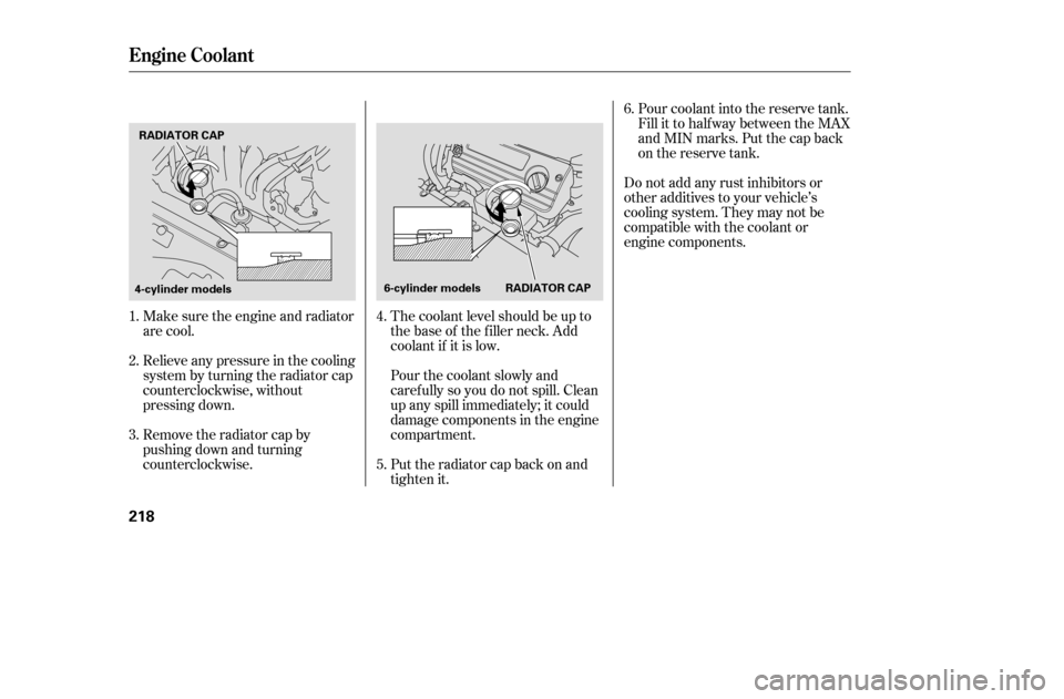 HONDA ACCORD COUPE 2005 CL7 / 7.G Owners Manual The coolant level should be up to 
the base of the f iller neck. Add
coolant if it is low. 
Pourthecoolantslowlyand 
caref ully so you do not spill. Clean
up any spill immediately; it could
damage com