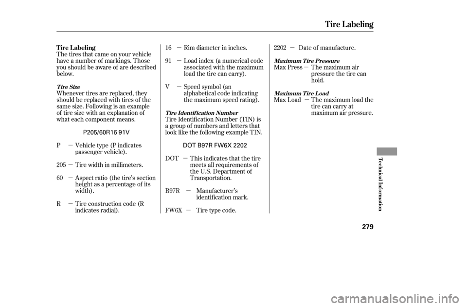 HONDA ACCORD COUPE 2005 CL7 / 7.G Owners Manual µ µ µ µµ µ µ
µµ µ µ
µ
µ
Whenever tires are replaced, they 
should be replaced with tires of the
same size. Following is an example
of tire size with an explanation of
what ea