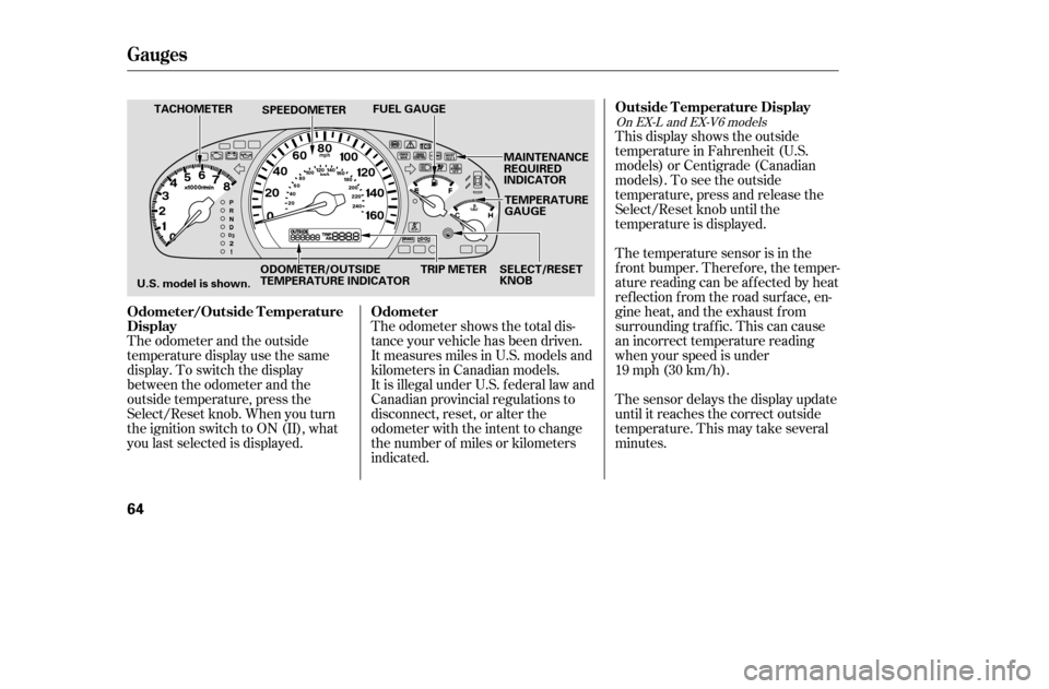 HONDA ACCORD COUPE 2005 CL7 / 7.G Owners Manual The odometer shows the total dis- 
tance your vehicle has been driven.
It measures miles in U.S. models and
kilometers in Canadian models.
It is illegal under U.S. f ederal law and
Canadian provincial