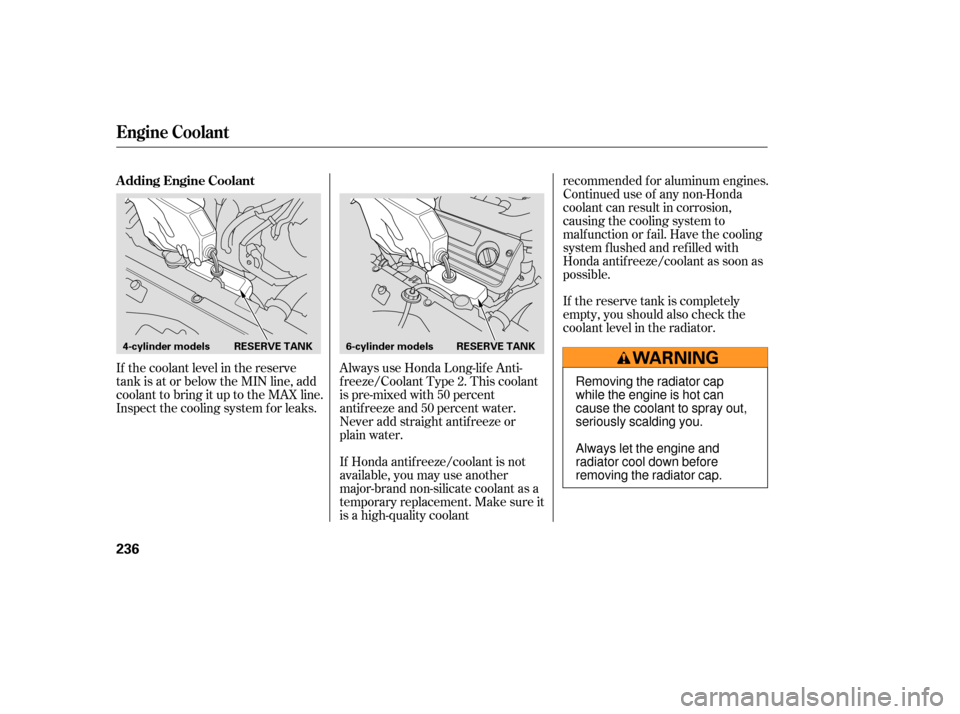HONDA ACCORD COUPE 2006 CL7 / 7.G Owners Manual If the coolant level in the reserve
tank is at or below the MIN line, add
coolant to bring it up to the MAX line.
Inspect the cooling system f or leaks.Always use Honda Long-lif e Anti-
f reeze/Coolan HONDA ACCORD COUPE 2006 CL7 / 7.G Owners Manual If the coolant level in the reserve
tank is at or below the MIN line, add
coolant to bring it up to the MAX line.
Inspect the cooling system f or leaks.Always use Honda Long-lif e Anti-
f reeze/Coolan