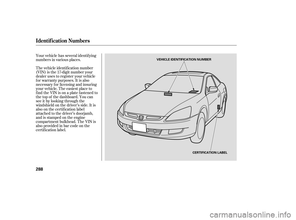 HONDA ACCORD COUPE 2006 CL7 / 7.G Owners Manual Your vehicle has several identif ying
numbers in various places.
The vehicle identif ication number
(VIN) is the 17-digit number your
dealer uses to register your vehicle
f or warranty purposes. It is