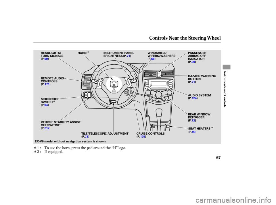 HONDA ACCORD COUPE 2006 CL7 / 7.G Owners Manual Î
Î
Î
Î Î
Î
To 
use  the horn,  press  the pad  around  the ‘‘H’’  logo.
If  equipped.
1:
2:
Controls 
Near the Steering  Wheel
Instru m ent sand Cont ro ls
67
EX-V6  model  withou
