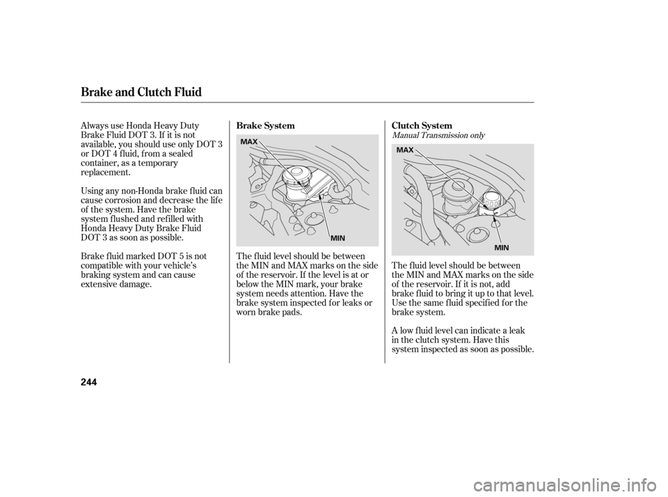 HONDA ACCORD COUPE 2007 CL7 / 7.G Owners Manual Always use Honda Heavy Duty 
Brake Fluid DOT 3. If it is not
available, you should use only DOT 3
or DOT 4 f luid, f rom a sealed
container, as a temporary
replacement. 
Using any non-Honda brake f lu