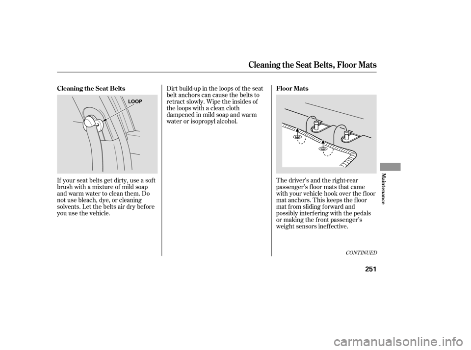 HONDA ACCORD COUPE 2007 CL7 / 7.G User Guide Dirt build-up in the loops of the seat 
belt anchors can cause the belts to
retract slowly. Wipe the insides of
the loops with a clean cloth
dampened in mild soap and warm
water or isopropyl alcohol.
