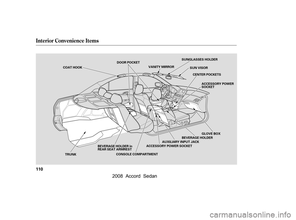 HONDA ACCORD COUPE 2008 8.G Owners Manual Interior Convenience Items
110
GLOVE BOX
SUNGLASSES HOLDER
ACCESSORY POWER 
SOCKET
VANITY MIRROR
SUN VISOR
TRUNK CENTER POCKETS
AUXILIARY INPUT JACK
COAT HOOK
BEVERAGE HOLDER in
REAR SEAT ARMREST BEVE