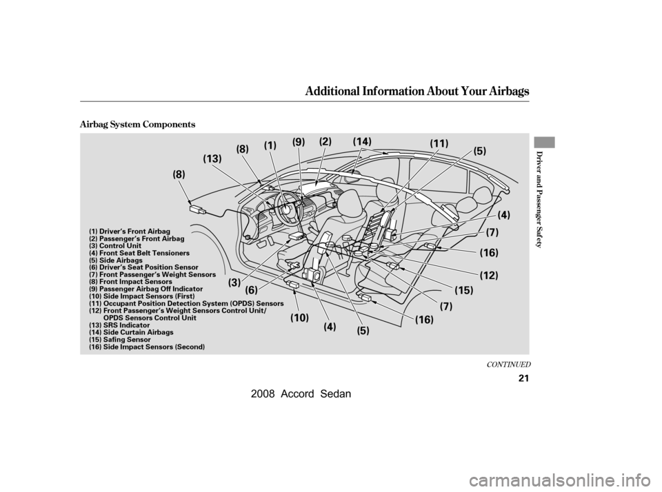 HONDA ACCORD COUPE 2008 8.G Owners Manual CONT INUED
Additional Inf ormation About Your Airbags
A irbag System Components
Driver and Passenger Saf ety
21
(3)(5) (7)
(4)
(7) (12)
(6)
(8)
(8)
(1)
(9)
(2)
(11)
(5)
(13) (14)
(10) (4) (15)(16)
(16