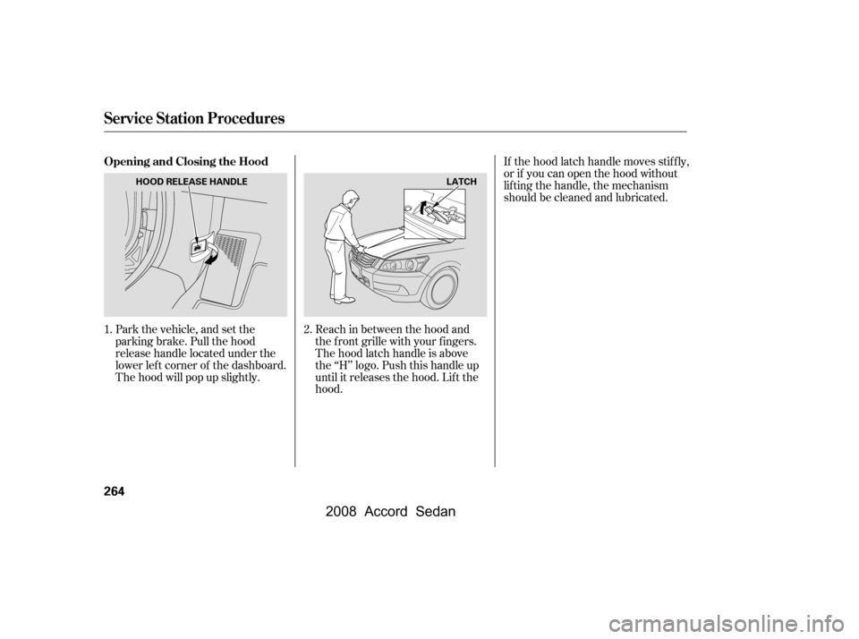 HONDA ACCORD COUPE 2008 8.G Owners Manual Park the vehicle, and set the 
parking brake. Pull the hood
release handle located under the 
lower lef t corner of the dashboard. 
The hood will pop up slightly.Reach in between the hood and
the f ro