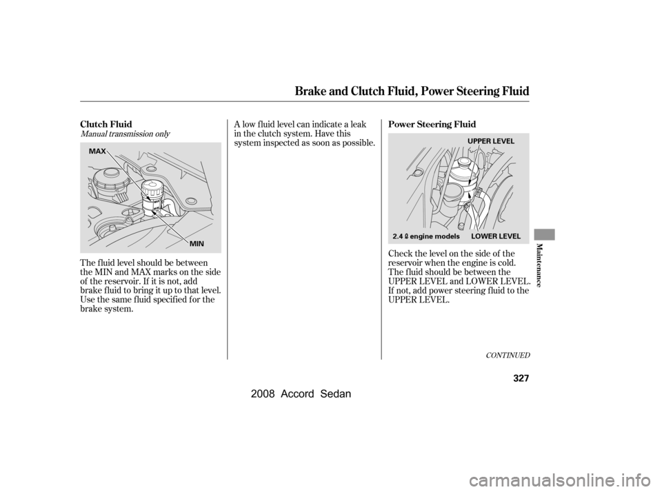 HONDA ACCORD COUPE 2008 8.G Owners Manual Check the level on the side of the 
reservoir when the engine is cold.
The f luid should be between the 
UPPER LEVEL and LOWER LEVEL. 
If not, add power steering f luid to the
UPPER LEVEL.
The f luid 