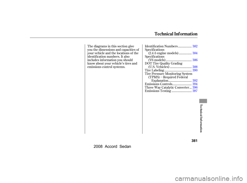 HONDA ACCORD COUPE 2008 8.G User Guide µ
Thediagramsinthissectiongive 
you the dimensions and capacities of 
your vehicle and the locations of the
identif ication numbers. It also
includes inf ormation you should
know about your vehicle�