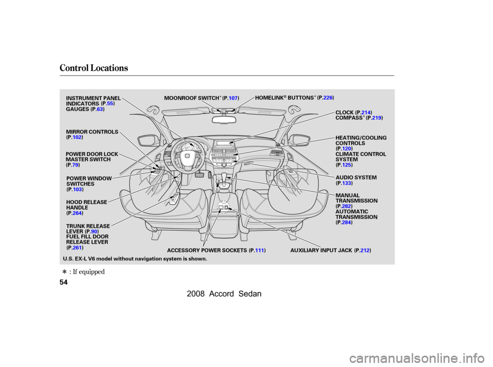 HONDA ACCORD COUPE 2008 8.G Owners Manual Î
ÎÎ
Î
If equipped
:
Control L ocations
54
MIRROR CONTROLS
CLIMATE CONTROL 
SYSTEM 
HEATING/COOLING 
CONTROLS
POWER DOOR LOCK
MASTER SWITCH
POWER WINDOW
SWITCHES
TRUNK RELEASE
LEVER CLOCK
AUTO