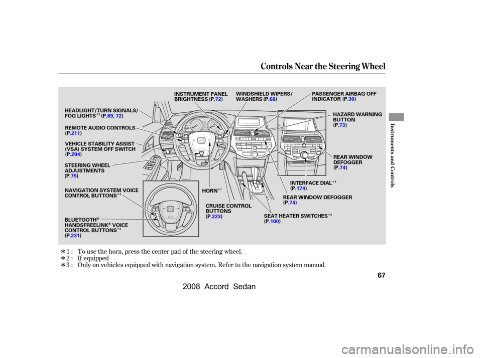 HONDA ACCORD COUPE 2008 8.G Repair Manual 
ÎÎ
Î
Î
Î
Î
Î
Î
Î If equipped
Only on vehicles equipped with navigation system. Ref er to the navigation system manual. To use the horn, press the center pad of the steering wheel.
1