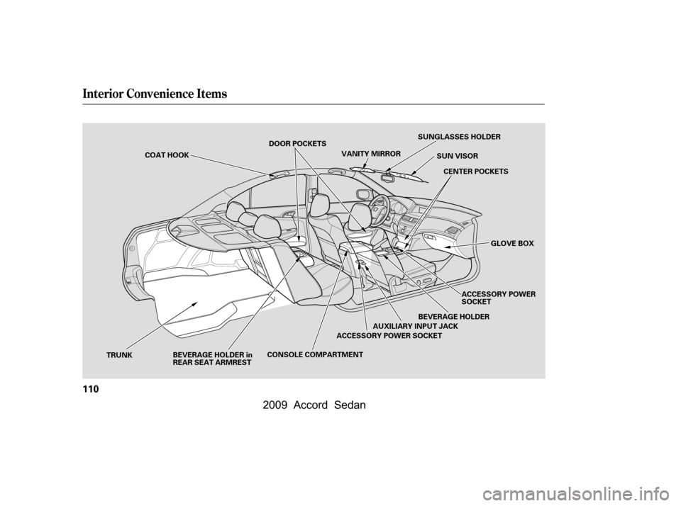 HONDA ACCORD COUPE 2009 8.G Owners Manual Interior Convenience Items
110
SUNGLASSES HOLDERACCESSORY POWER 
SOCKET
VANITY MIRROR
SUN VISOR
CENTER POCKETS
AUXILIARY INPUT JACK
COAT HOOK
BEVERAGE HOLDER in
REAR SEAT ARMREST BEVERAGE HOLDER
ACCES